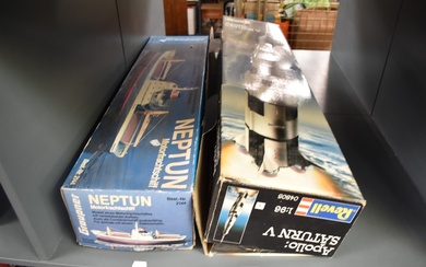 Two Model Kits, Revell 1:66 scale 04805 Apollo Saturn V and Graupner 2144 Neptun Cargo Motor Ship