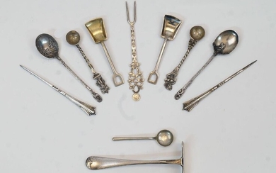 Two Victorian silver Onslow pattern pins, Sheffield, 1896, makers mark rubbed, 9cm high; together with white metal and silver plated items, to include: a small two prong fork, stamped 800, with pierced finial, 10.2cm high; a Chinese white metal...