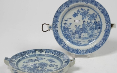 Two blue and white Chinese porcelain bain-marie plates with floral and "Characters" decoration. Period: XVIIIth century. (Chips). Diameter (without handles): +/-23,4cm.