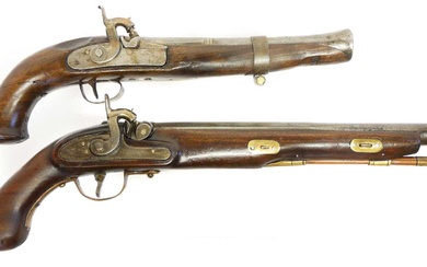 Two composed percussion pistols, with antique barrels and period locks...