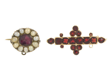 Two mid 19th century gold gem-set brooches.