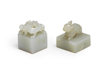 Two pale green jade square seals