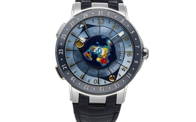 ULYSSE NARDIN | EXECUTIVE MOONSTRUCK WORLDTIMER 1069-113, A PLATINUM AUTOMATIC WORL TIME WRISTWATCH WITH BLUE MOTHER OF PEARL DIAL CIRCA 2019