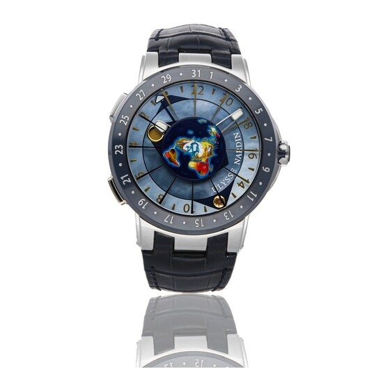 ULYSSE NARDIN | EXECUTIVE MOONSTRUCK WORLDTIMER 1069-113, A PLATINUM AUTOMATIC WORL TIME WRISTWATCH WITH BLUE MOTHER OF PEARL DIAL CIRCA 2019