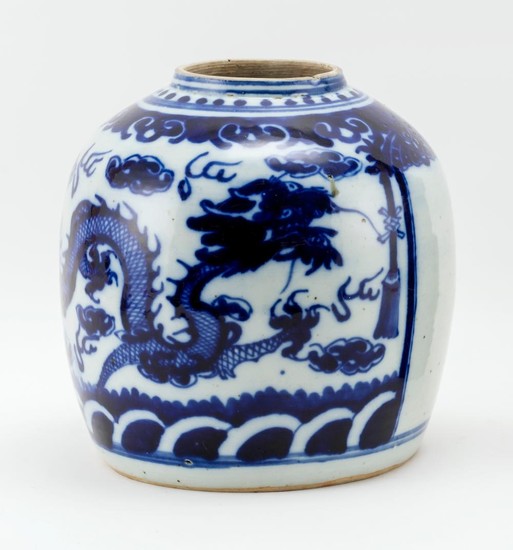 UNDERGLAZE BLUE AND WHITE PORCELAIN JAR Decorated with dragons guarding a temple door. No cover. Height 10.5".