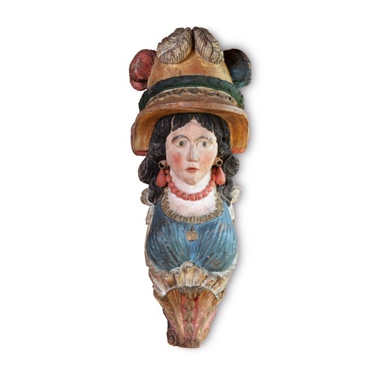 VERY FINE AND RARE CARVED AND POLYCHROME PAINT-DECORATED WOOD MILLINERY TRADE BUST, CIRCA 1880