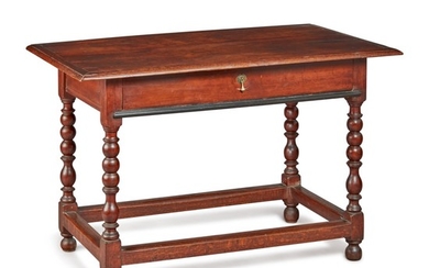 VERY RARE PILGRIM CENTURY TURNED AND JOINED RED GUM AND RED OAK TABLE, NEW YORK, CIRCA 1715