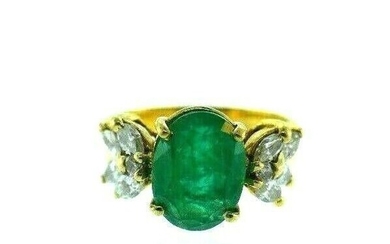 VINTAGE 14k Yellow Gold, Emerald & Diamond Ring Circa