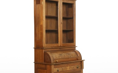 Victorian Walnut and Burl Walnut Cylinder Desk with Bookcase, Late 19th Century