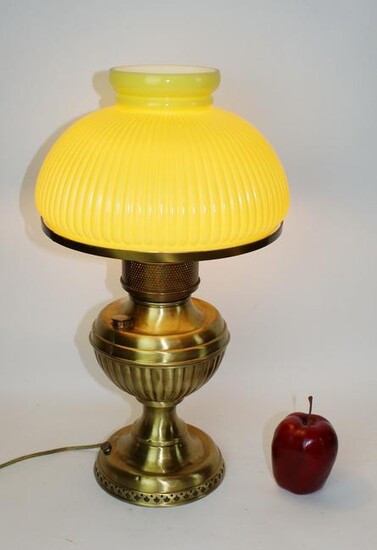 Victorian brass converted oil lamp with yellow shade