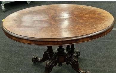 Victorian burr walnut oval tilt top loo table on ornate four...
