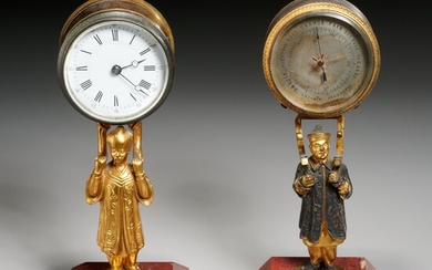 Victorian gilt bronze figural clock and barometer