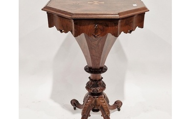 Victorian walnut sewing table of octagonal form, inlaid marq...