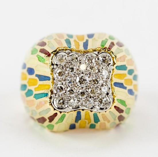 Vintage 18k Gold Diamond, Enamel Cocktail Ring S 6