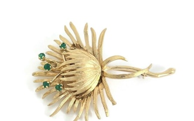 Vintage 1960's Emerald Flower Brooch Pin 12K Yellow Gold, 12.92 Gr
