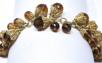 Vintage 1960s Gilt Metal Faux Amber Charm Bracelet