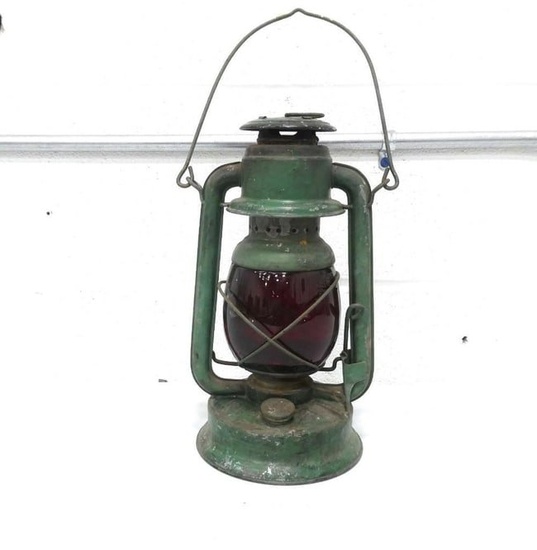 Vintage Embury Kerosene Lantern Green with Red Glass Globe