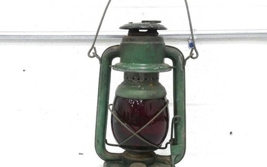 Vintage Embury Kerosene Lantern Green with Red Glass Globe