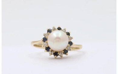 Vintage Pearl Sapphires Diamonds Cluster 14K Yellow Gold Ring