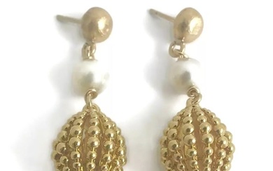 Vintage White Pearl Dangle Drop Earrings 18K and 14K Yellow Gold, 10.04 Grams