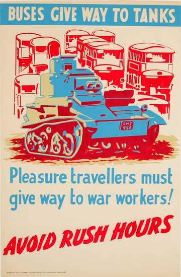 War Poster Buses Give Way To Tanks WWII