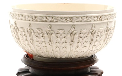 Wedgwood Embossed Creamware Bowl on Wooden Pedestal, Late 19th/ Early 20th C.