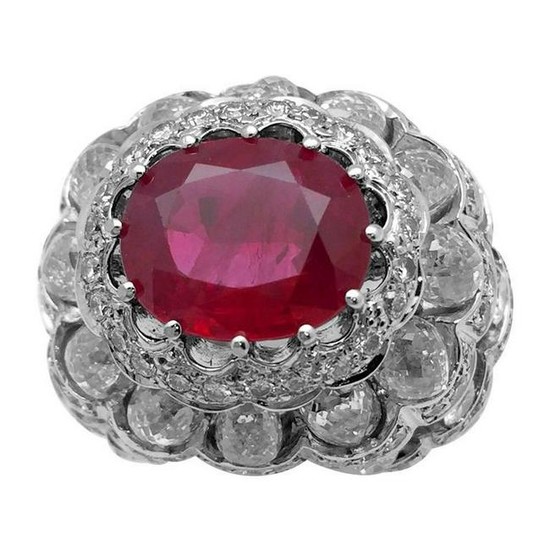 White Gold Dome Ring Set with an Oval Ruby and Diamonds