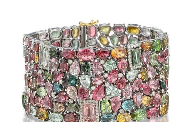 Wide Multi-Gemstone and Diamond Bracelet