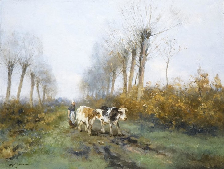 Willem George Frederik Jansen (1871-1949), doek, 50,5 x 65, Boerin met koeien,...
