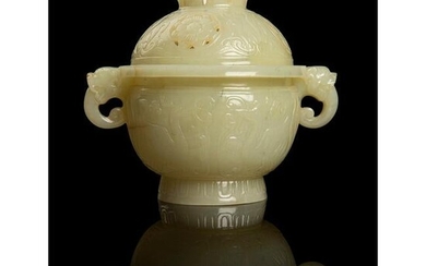 YELLOWISH PALE CELADON JADE CENSER WITH COVER QING