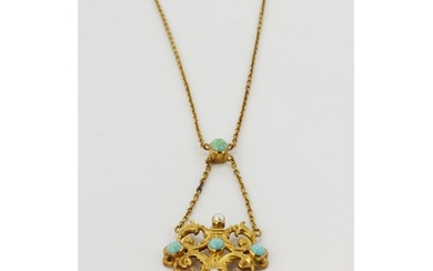 Yellow gold (tests 15ct) vintage turquoise and split pearl n...