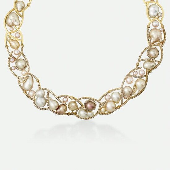 Yvel, Baroque cultured pearl, colored diamond necklace