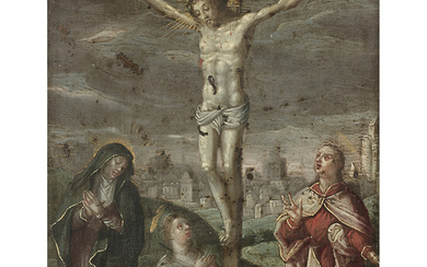 cole flamande du XVIIe sicle La Crucifixion entre la Vierge,...