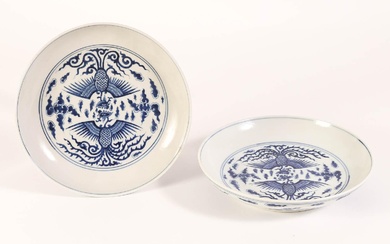 iGavel Auctions: Pair of Chinese Underglze Blue Phoenix Dishes, each with a Guangxu Mark, but later FR3SHLM
