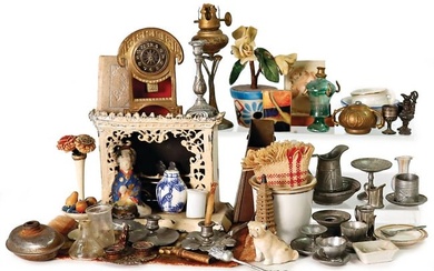 mixed lot of dollhouse decoration pieces, tin-chimney, 7 cm, lamp without lampshade, watch