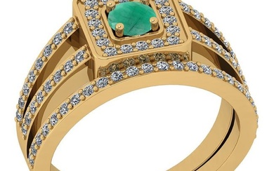 0.81 Ctw SI2/I1 Emerald And Diamond 14K Yellow Gold Anniversary Set Ring