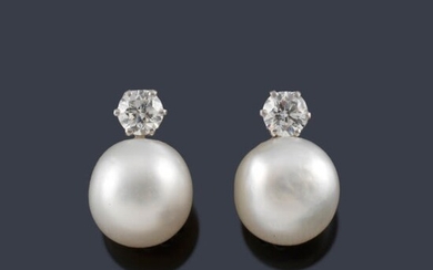 Importantes pendientes cortos 'tu y yo' con pareja de perlas finas de 10,30 - 12,80 mm y 11,65 - 12,80 mm con dos brillantes de aprox. 0,61 y 0,60 ct en montura de platino. Certificado GüBELIN.