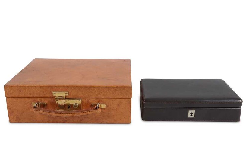 London Made Vintage Tan Leather Jewellery Box, gold tone...