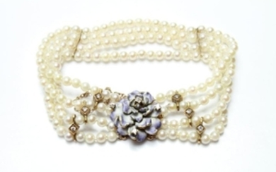 14K Gold & Diamonds Enamel 4 Strand Pearl Bracelet
