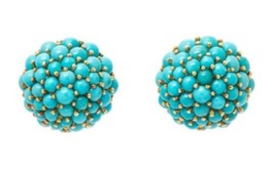 * A Pair of 18 Karat Yellow Gold and Turquoise Earclips, Italian