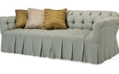 A BLUE RIBBED TWILL CHESTERFIELD-TYPE SOFA, MODERN