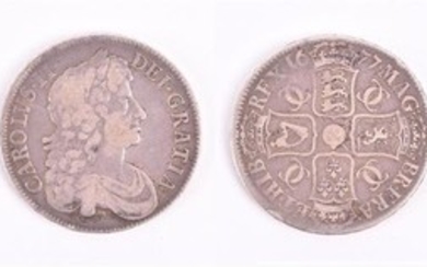 CHARLES II, 1662-85. CROWN, 1677. NONO. Obv: Laureate and draped bust right. Rev: Crowned cruciform shields with interlinked...