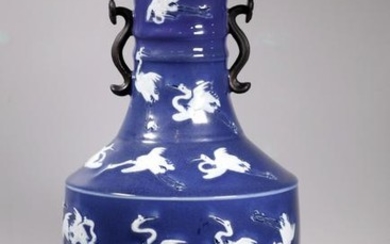 Chinese Blue Glazed Porcelain Vase 18 White Cranes