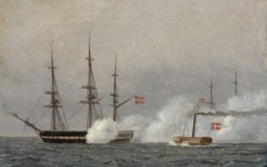 Christoffer Wilhelm ECKERSBERG Bläkrog, Aabenraa, 1783 - Copenhague, 1853 Christian VIII à bord de son bateau à vapeur "Ægir" regardant les manœuvres des navires de guerre du 2 mai 1843