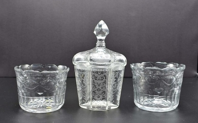 PAIR OF COLORLESS GLASS WINE RINSERS & A COVERED JAR