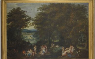 DENYS VAN ALSLOOT (MALINES VERS 1570 - VERS 1620), Paysage de forêt avec Diane découvrant la grossesse de Callisto, et une vue du prieuré de Groenendael