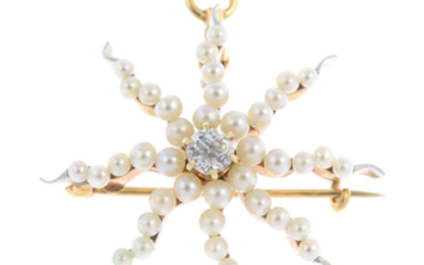 An early 20th century gold seed pearl and diamond star brooch.