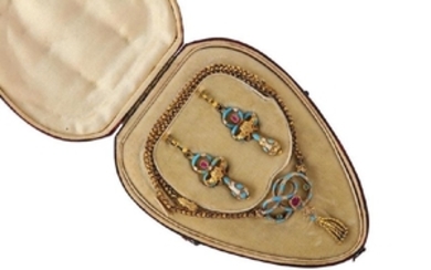 An enamel and gem-set necklace and earring suite, circa