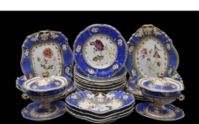 An English porcelain ‘Rococo revival’ blue-ground part dessert service painted with flowers