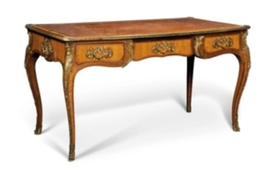A FRENCH ORMOLU-MOUNTED KINGWOOD AND TULIPWOOD MARQUETRY BUREAU PLAT, OF LOUIS XV STYLE, LATE 19TH/ EARLY 20TH CENTURY